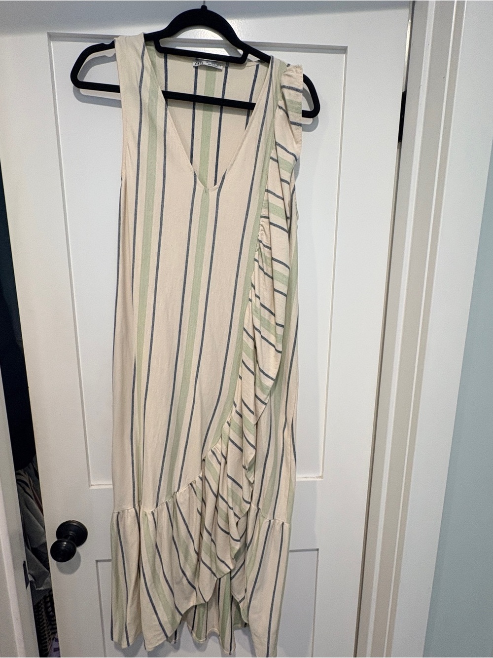 Vintage Zara linen Sleeveless Cream Stripe Ruffle midi Dress